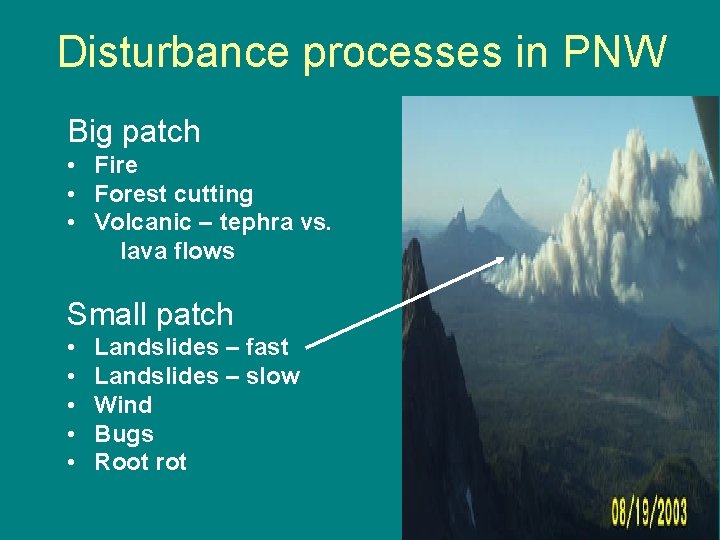 Disturbance processes in PNW Big patch • Fire • Forest cutting • Volcanic –