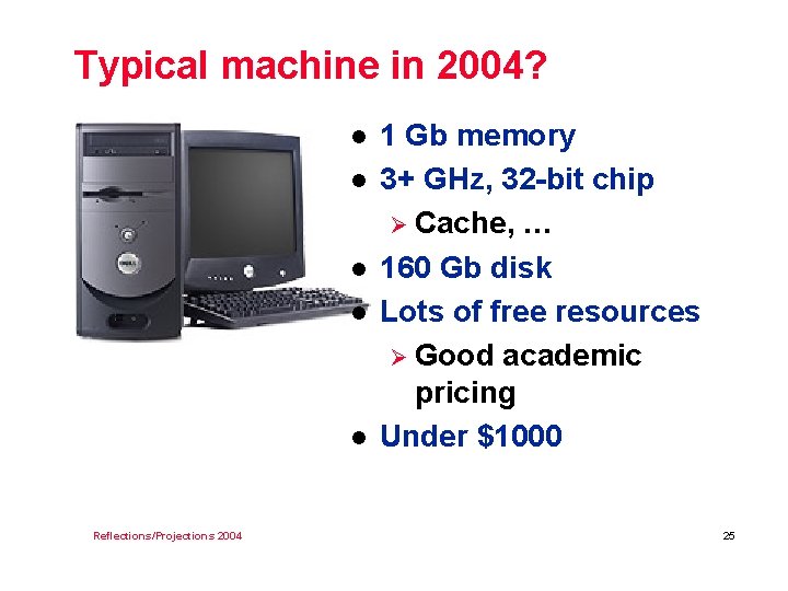 Typical machine in 2004? l l l Reflections/Projections 2004 1 Gb memory 3+ GHz,