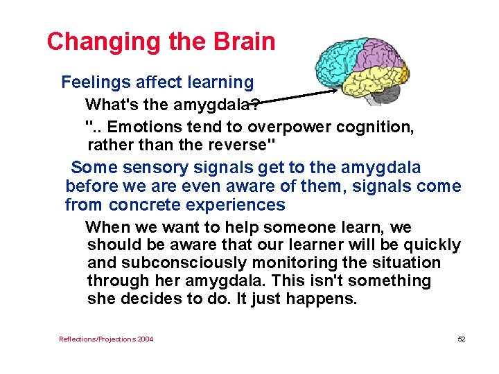 Changing the Brain Feelings affect learning What's the amygdala? ". . Emotions tend to