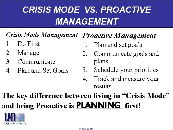 CRISIS MODE VS. PROACTIVE MANAGEMENT Crisis Mode Management 1. Do First 2. Manage 3.