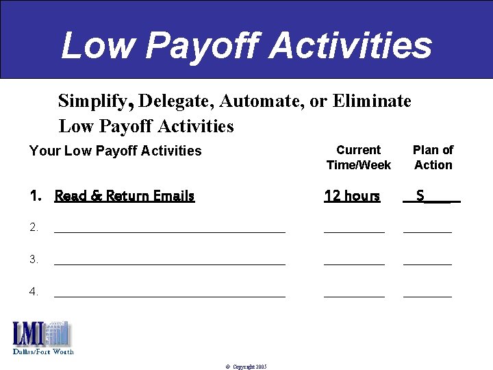 Low Payoff Activities Simplify, Delegate, Automate, or Eliminate Low Payoff Activities Your Low Payoff