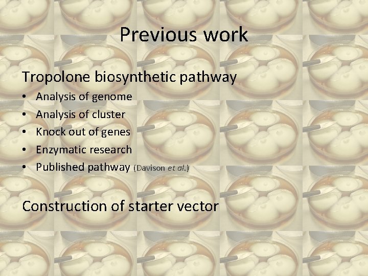 Previous work Tropolone biosynthetic pathway • • • Analysis of genome Analysis of cluster