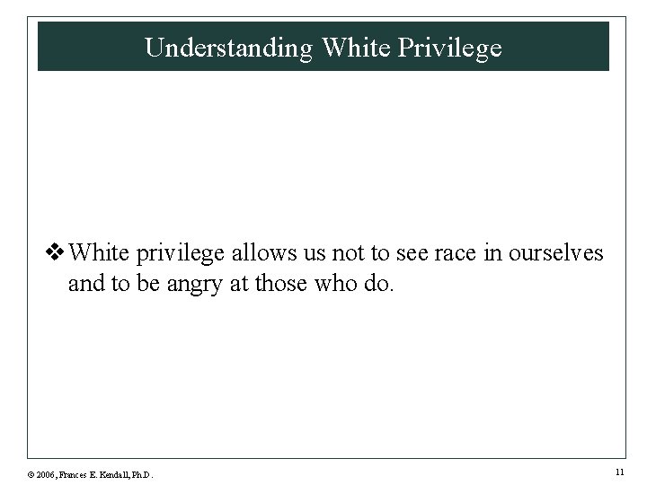 Understanding White Privilege v White privilege allows us not to see race in ourselves