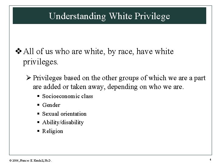 Understanding White Privilege v All of us who are white, by race, have white