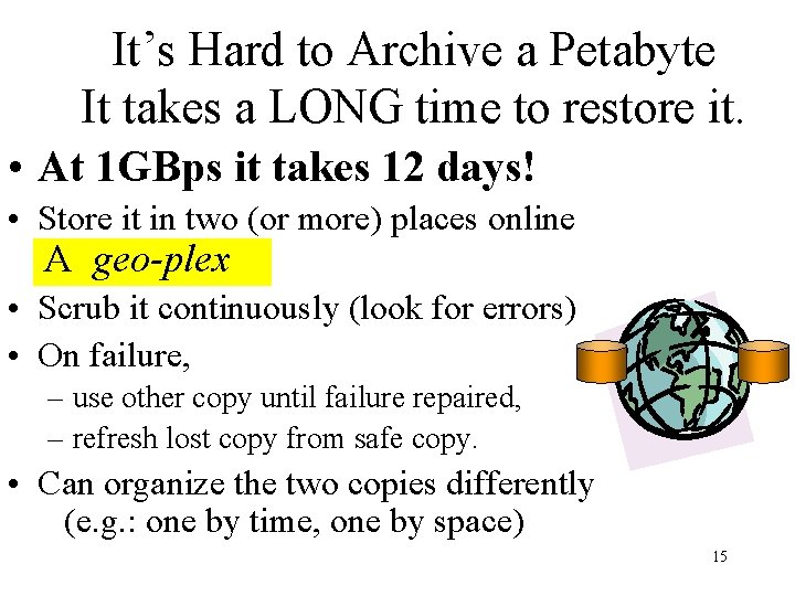 It’s Hard to Archive a Petabyte It takes a LONG time to restore it.