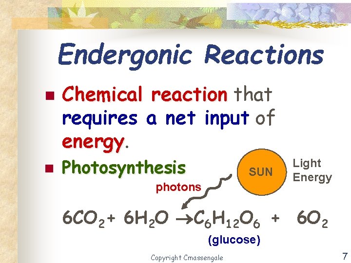 Endergonic Reactions n n Chemical reaction that requires a net input of energy Photosynthesis