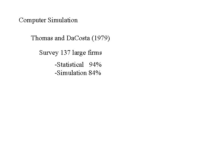 Computer Simulation Thomas and Da. Costa (1979) Survey 137 large firms -Statistical 94% -Simulation Computer Simulation Thomas and Da. Costa (1979) Survey 137 large firms -Statistical 94% -Simulation