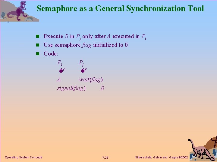 Semaphore as a General Synchronization Tool n Execute B in Pj only after A