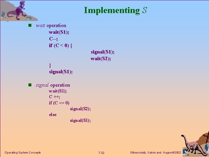 Implementing S n wait operation wait(S 1); C--; if (C < 0) { signal(S