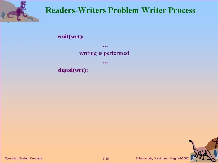 Readers-Writers Problem Writer Process wait(wrt); … writing is performed … signal(wrt); Operating System Concepts