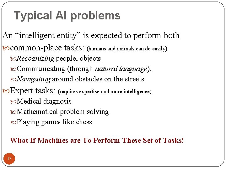Typical AI problems An “intelligent entity” is expected to perform both common-place tasks: (humans