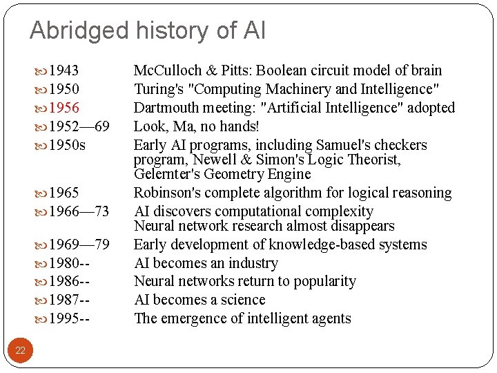 Abridged history of AI 1943 1950 1956 1952— 69 1950 s 1965 1966— 73