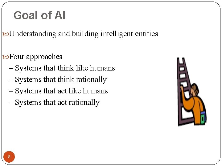 Goal of AI Understanding and building intelligent entities Four approaches – Systems that think