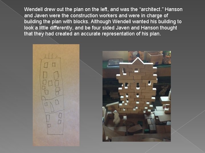 Wendell drew out the plan on the left, and was the “architect. ” Hanson