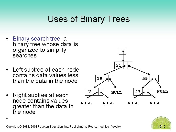 Uses of Binary Trees • Binary search tree: a binary tree whose data is