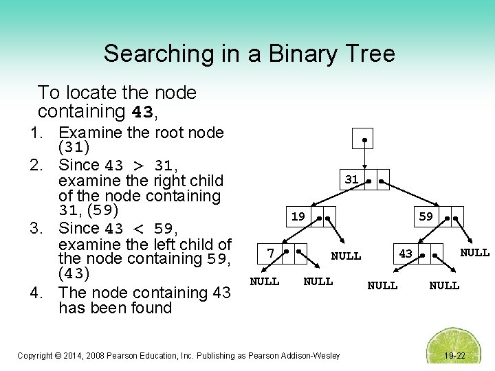 Searching in a Binary Tree To locate the node containing 43, 1. Examine the