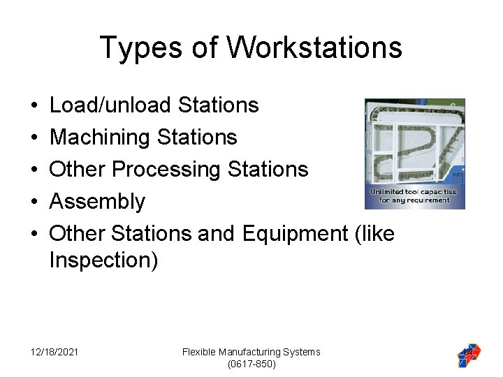 Types of Workstations • • • Load/unload Stations Machining Stations Other Processing Stations Assembly Types of Workstations • • • Load/unload Stations Machining Stations Other Processing Stations Assembly