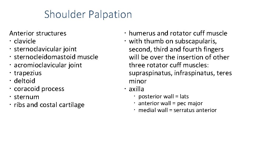 Shoulder Palpation Anterior structures clavicle sternoclavicular joint sternocleidomastoid muscle acromioclavicular joint trapezius deltoid coracoid