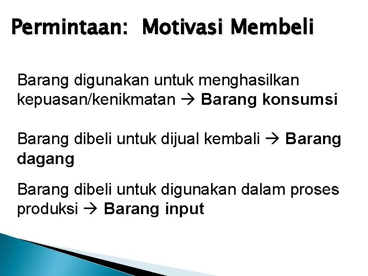 Permintaan: Motivasi Membeli Barang digunakan untuk menghasilkan kepuasan/kenikmatan Barang konsumsi Barang dibeli untuk dijual