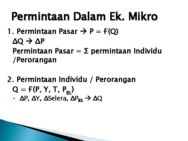 Permintaan Dalam Ek. Mikro 1. Permintaan Pasar P = Ғ(Q) ΔQ ΔP Permintaan Pasar
