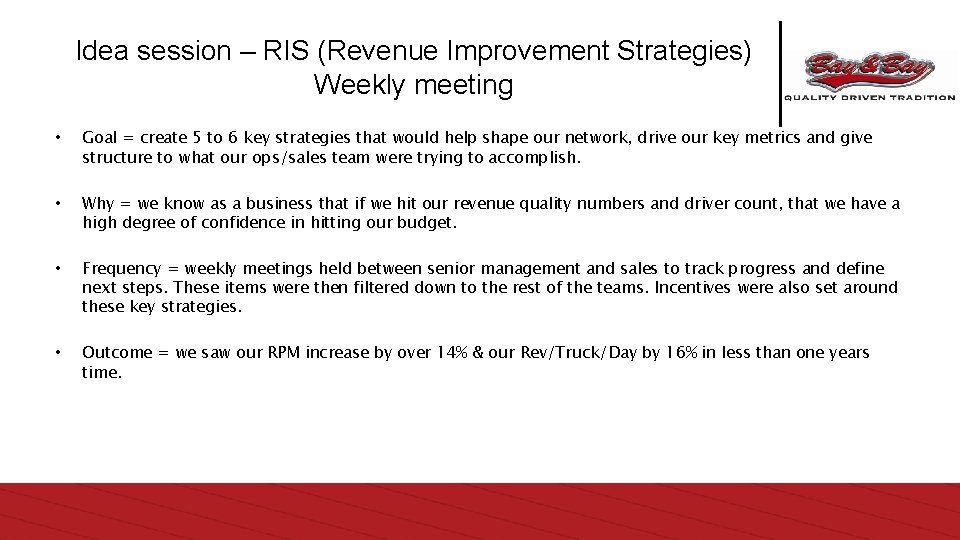 Idea session – RIS (Revenue Improvement Strategies) Weekly meeting • Goal = create 5