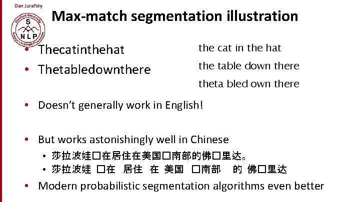 Dan Jurafsky Max-match segmentation illustration • Thecatinthehat • Thetabledownthere the cat in the hat