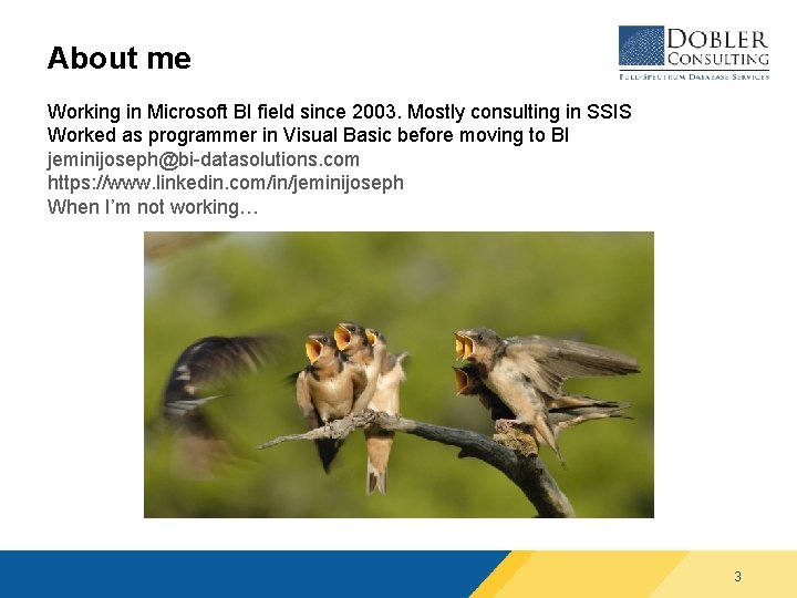About me Working in Microsoft BI field since 2003. Mostly consulting in SSIS Worked
