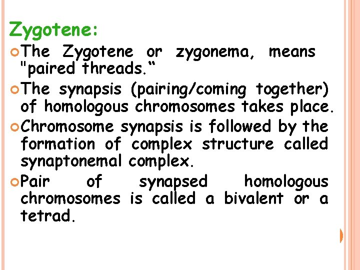 Zygotene: The Zygotene or zygonema, means "paired threads. “ The synapsis (pairing/coming together) of