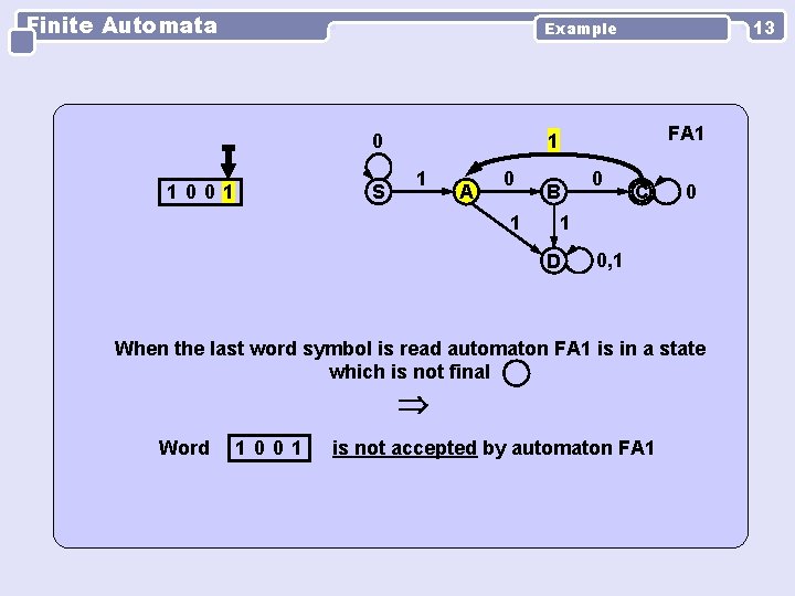 Finite Automata 13 Example 0 1001 S FA 1 1 1 A 0 1