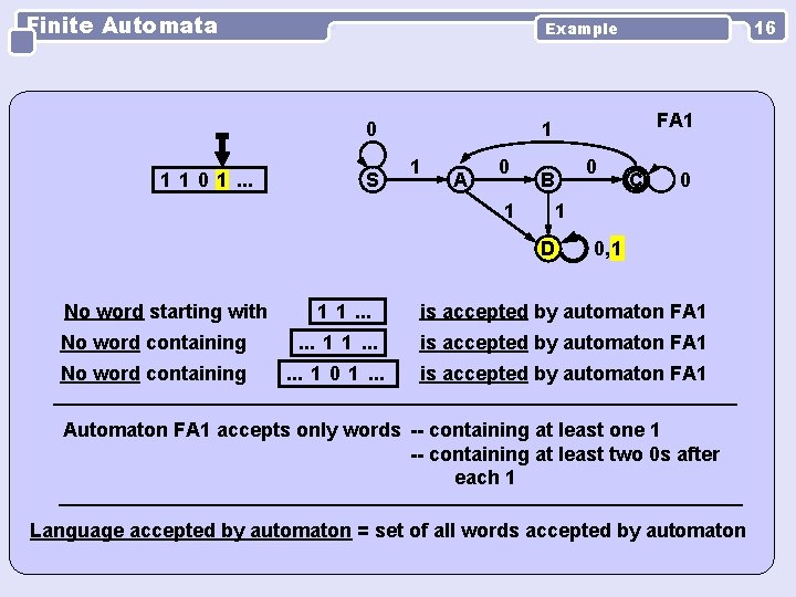 Finite Automata 0 1 1 0 1. . . S FA 1 1 1