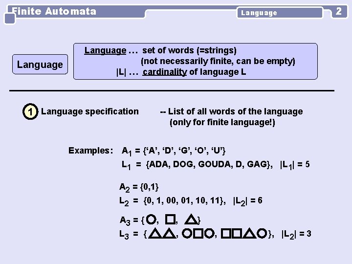 Finite Automata Language … set of words (=strings) (not necessarily finite, can be empty)
