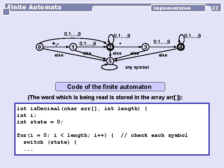 Finite Automata Implementation 0, 1, . . . , 9 0 +, else 1