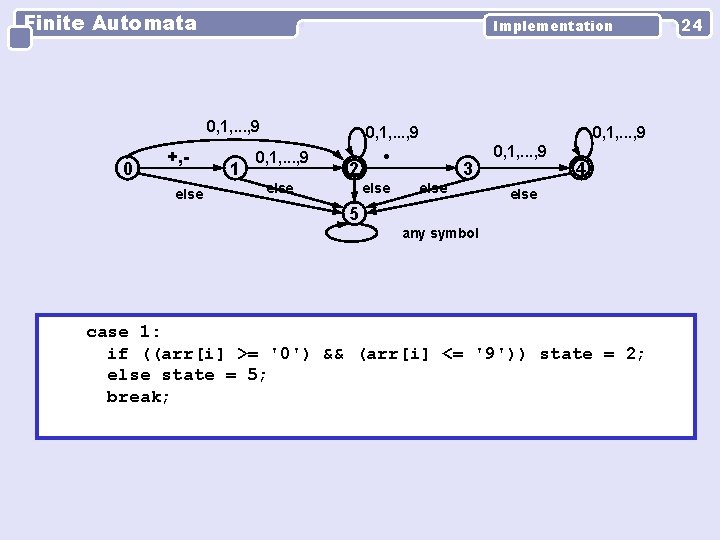 Finite Automata Implementation 0, 1, . . . , 9 0 +, else 1
