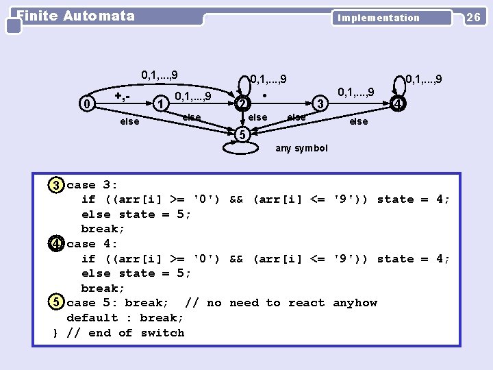 Finite Automata Implementation 0, 1, . . . , 9 0 +, else 1