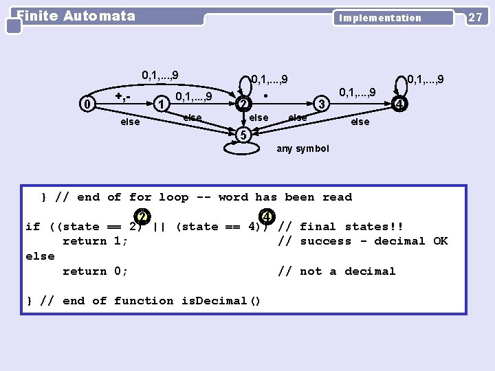 Finite Automata Implementation 0, 1, . . . , 9 0 +, else 1