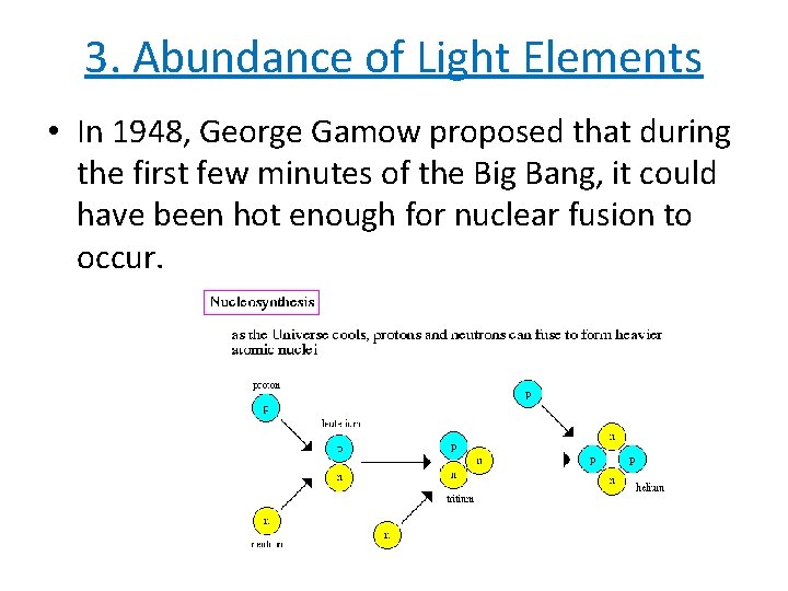 3. Abundance of Light Elements • In 1948, George Gamow proposed that during the