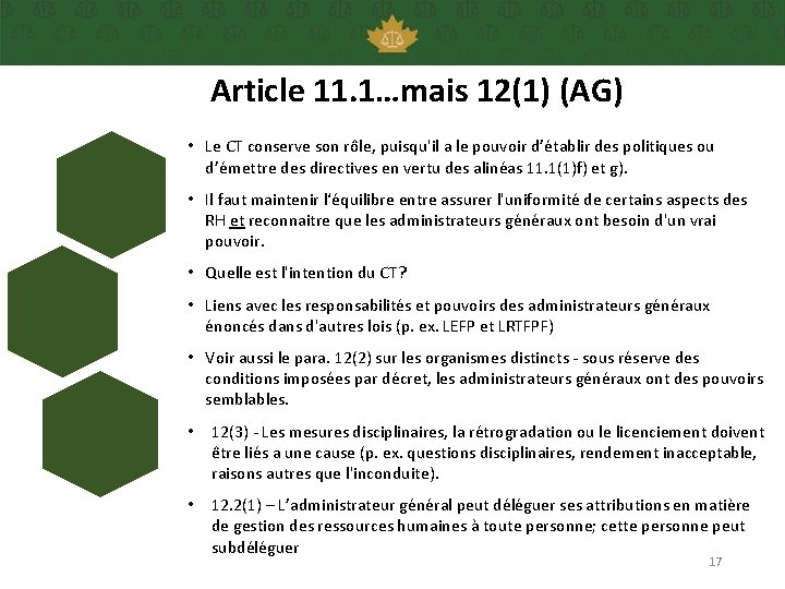 Article 11. 1…mais 12(1) (AG) • Le CT conserve son rôle, puisqu'il a le