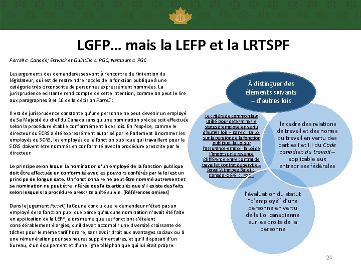LGFP… mais la LEFP et la LRTSPF Farrell c. Canada; Estwick et Quintilio c.