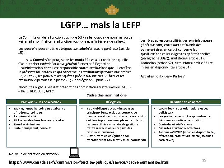 LGFP… mais la LEFP La Commission de la fonction publique (CFP) a le pouvoir