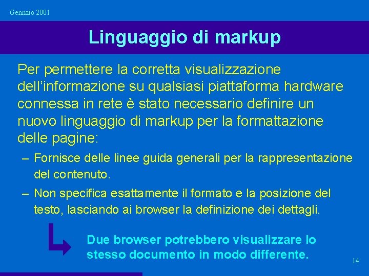 Gennaio 2001 Linguaggio di markup Per permettere la corretta visualizzazione dell’informazione su qualsiasi piattaforma