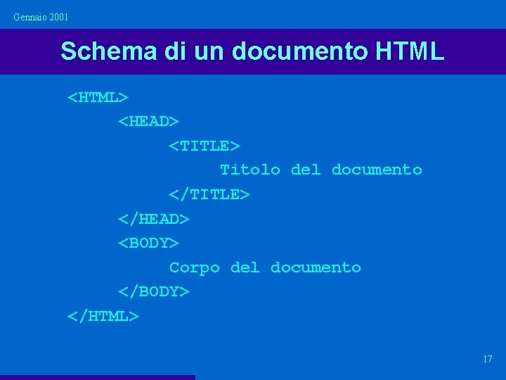 Gennaio 2001 Schema di un documento HTML <HTML> <HEAD> <TITLE> Titolo del documento </TITLE>