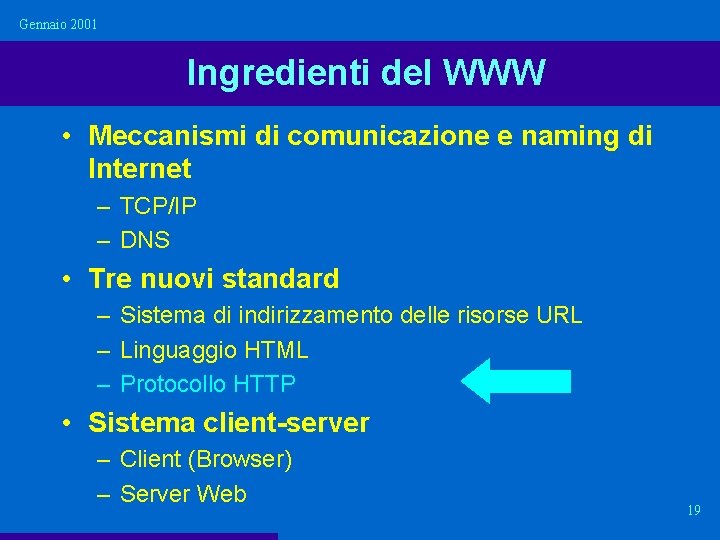 Gennaio 2001 Ingredienti del WWW • Meccanismi di comunicazione e naming di Internet –