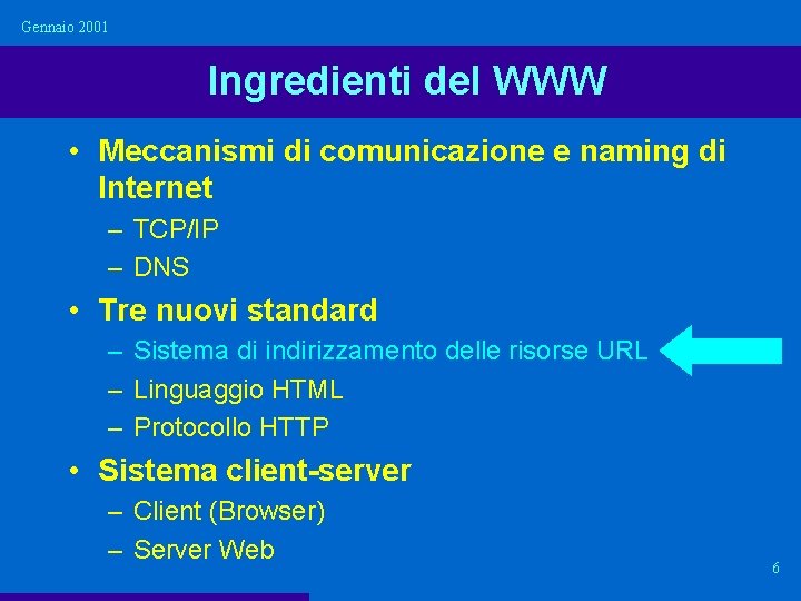 Gennaio 2001 Ingredienti del WWW • Meccanismi di comunicazione e naming di Internet –