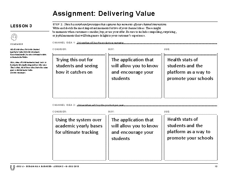 Assignment: Delivering Value LESSON 3 REMEMBER All of your ideas for your channel may