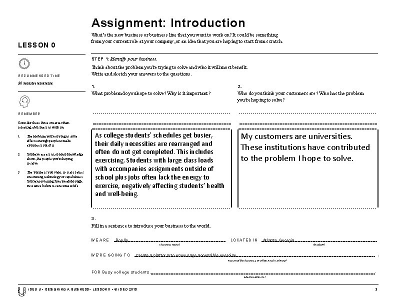 Assignment: Introduction LESSON 0 What’s the new business or business line that you want