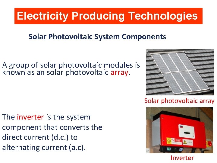Electricity Producing Technologies Solar Photovoltaic System Components A group of solar photovoltaic modules is