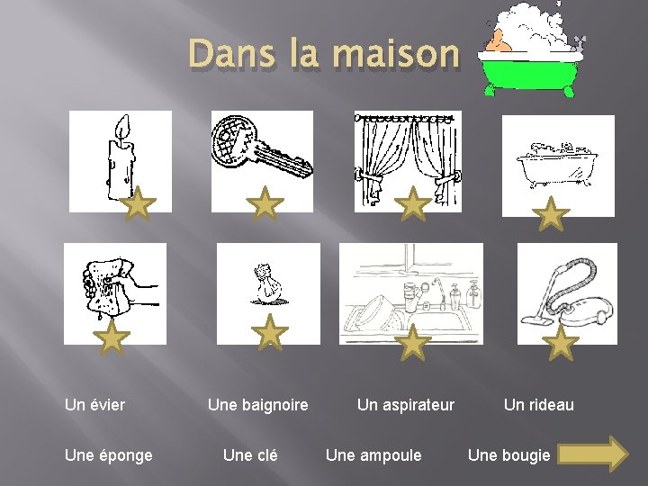 Dans la maison Un évier Une éponge Une baignoire Une clé Un aspirateur Une