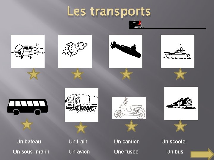 Les transports Un bateau Un sous -marin Un train Un camion Un scooter Un