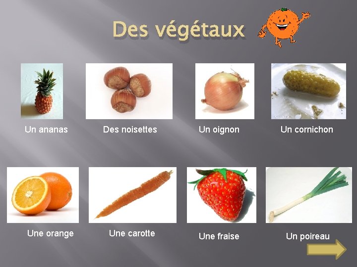 Des végétaux Un ananas Une orange Des noisettes Un oignon Un cornichon Une carotte