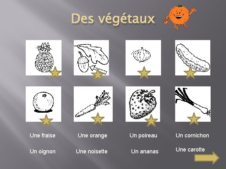 Des végétaux Une fraise Une orange Un poireau Un oignon Une noisette Un ananas